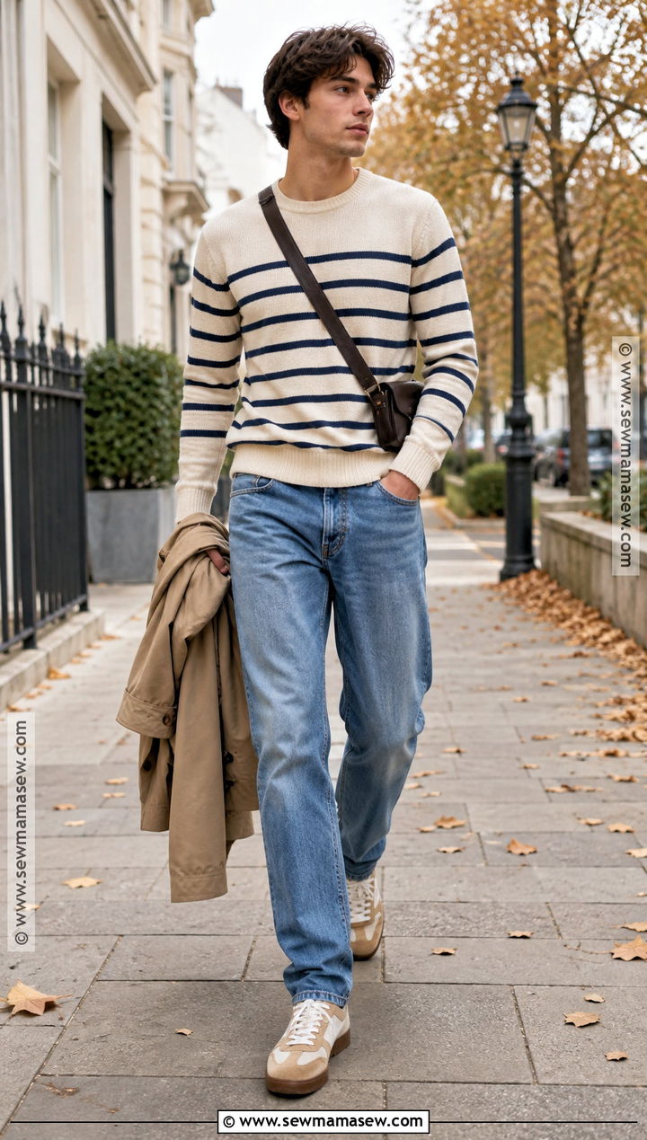 Striped Sweater With Relaxed Jeans And Retro Sneakers - 15 autumn sweater ideas for men