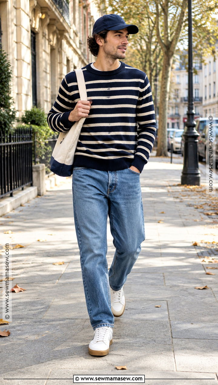 Striped Sweater With Relaxed Jeans And Sneakers - 15 mens fall sweaters outfits