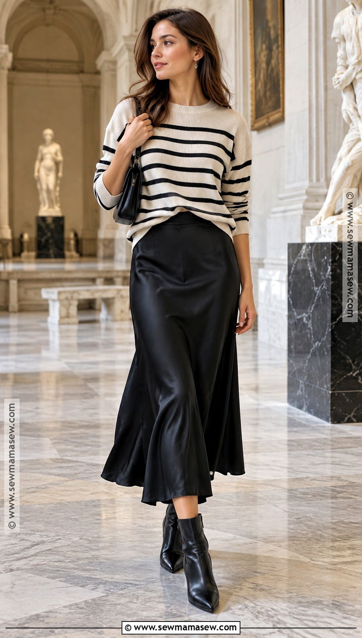 Striped Sweater With Satin Midi Skirt - 15 autumn striped outfit ideas