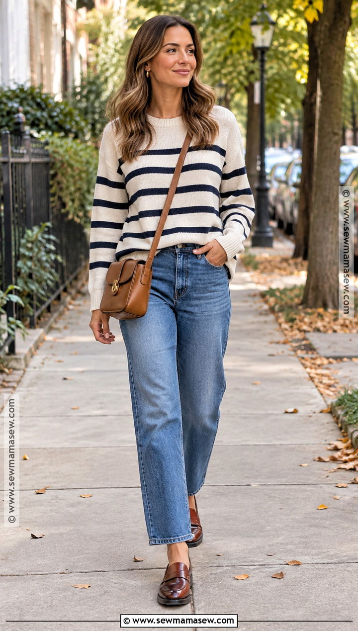 Striped Sweater With Straight Leg Jeans - 15 Striped Sweater Fall Outfit Ideas