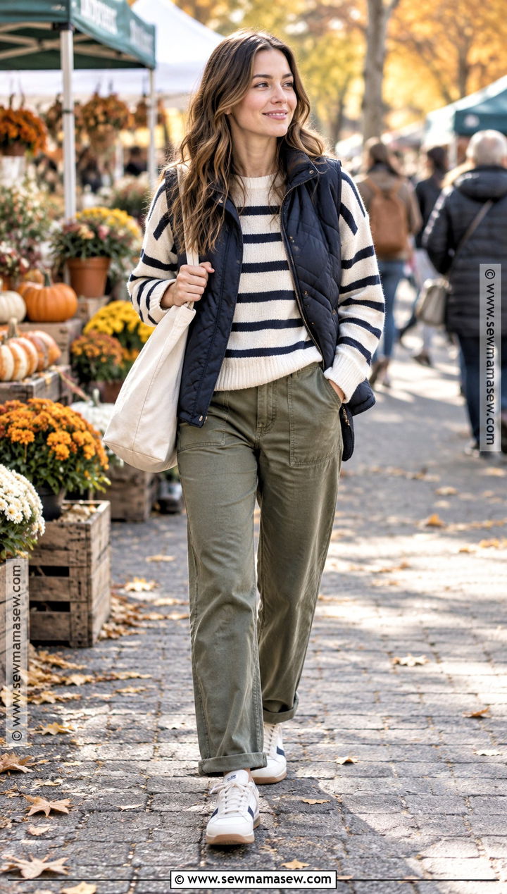 Striped Sweater With Utility Pants And Sneakers - 15 autumn knitwear outdoors ideas