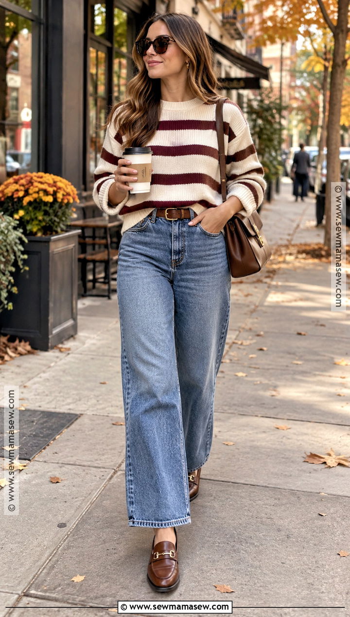 Striped Sweater With Wide Leg Jeans - 15 fall cozy sweaters
