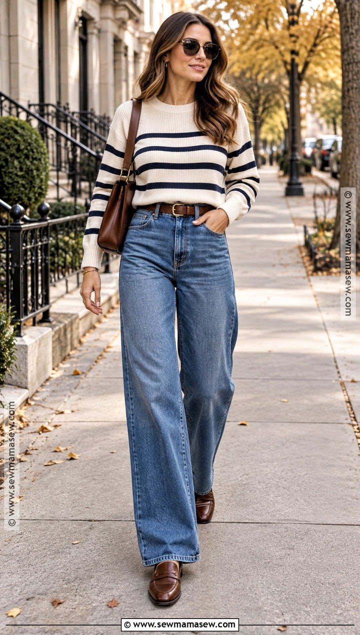 Striped Sweater With Wide Leg Jeans And Loafers - 20 Fall Sweaters Outfits