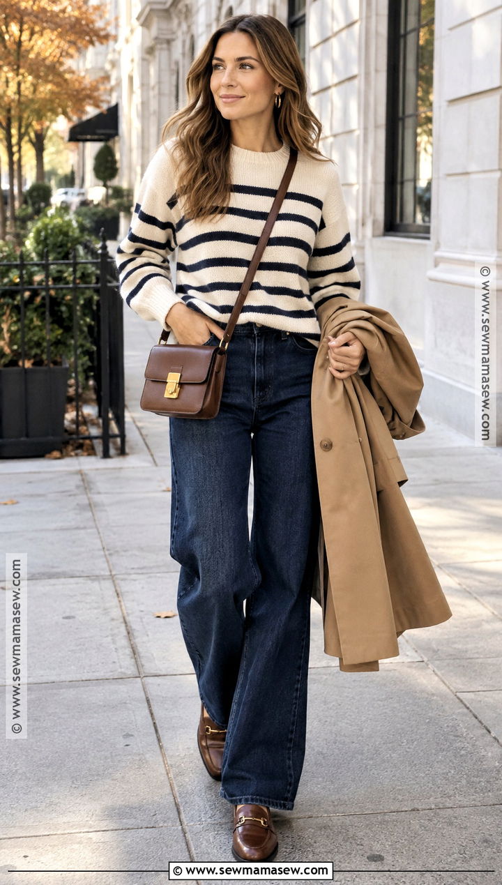 Striped Sweater With Wide Leg Jeans - 15 Autumn Stripes Outfit Ideas