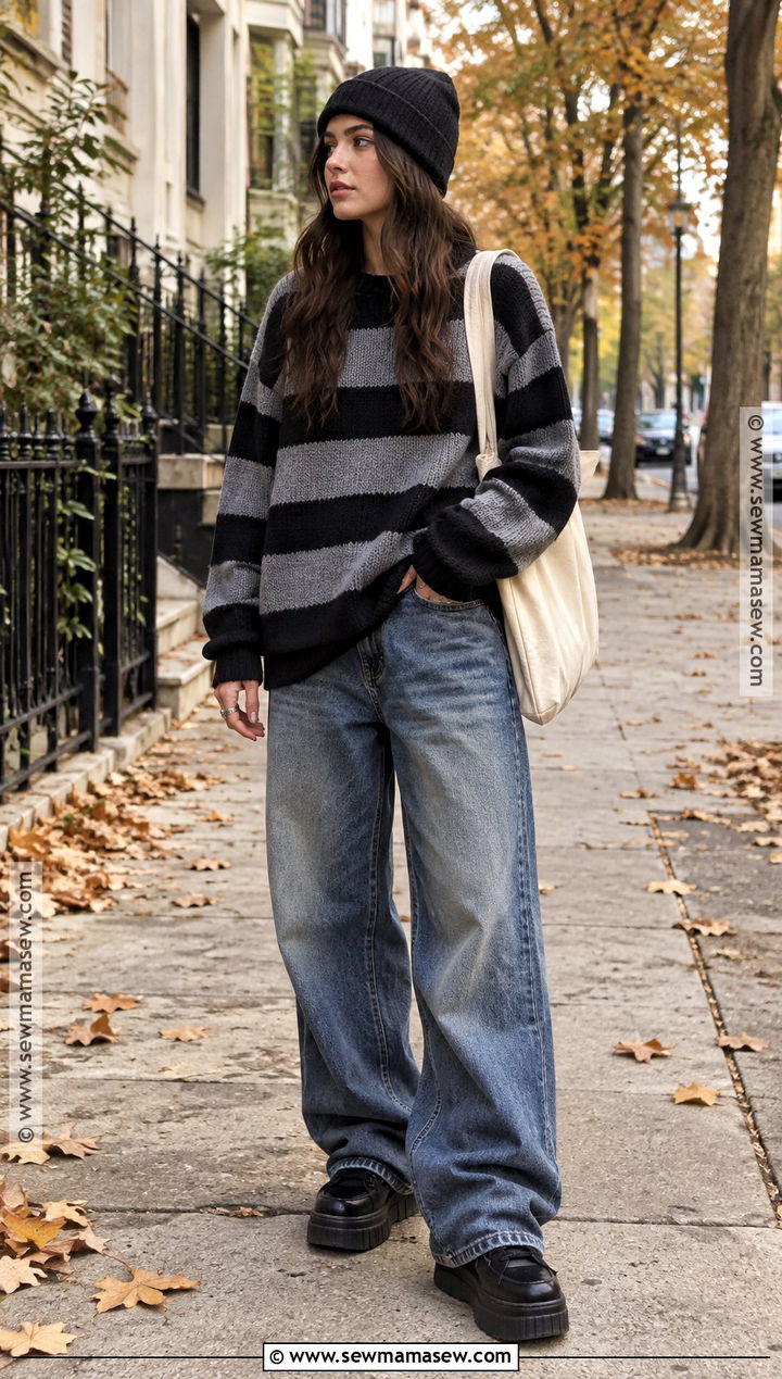 Striped Sweater and Baggy Jeans Grunge Outfit - 15 casual grunge outfits fall