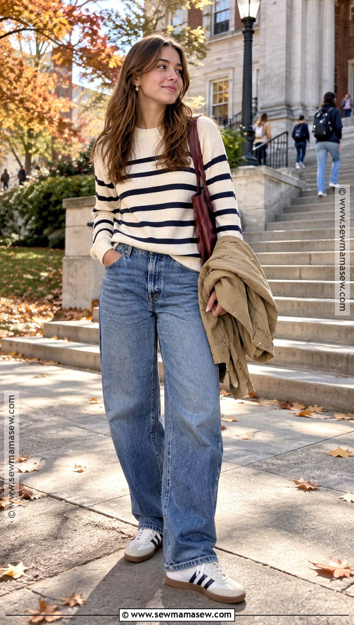 Striped Sweater and Barrel Jeans Fall Class Outfit - 25 fall class outfits