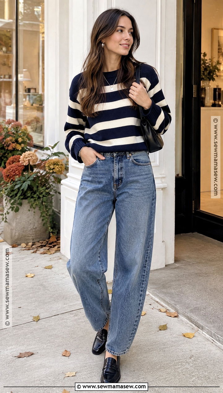 Striped Sweater and Barrel Jeans Fall Outfit - 25 fall outfits chic
