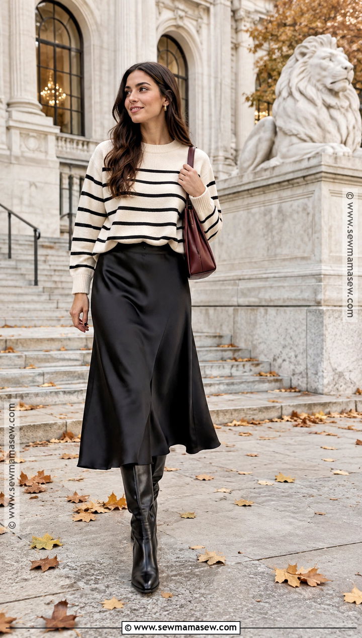 Striped Sweater and Black Midi Skirt Fall Outfit - 30 fall outfits for women