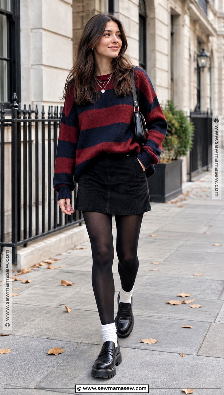 Striped Sweater and Black Mini Skirt Indie Fall Outfit - 20 indie fall outfits