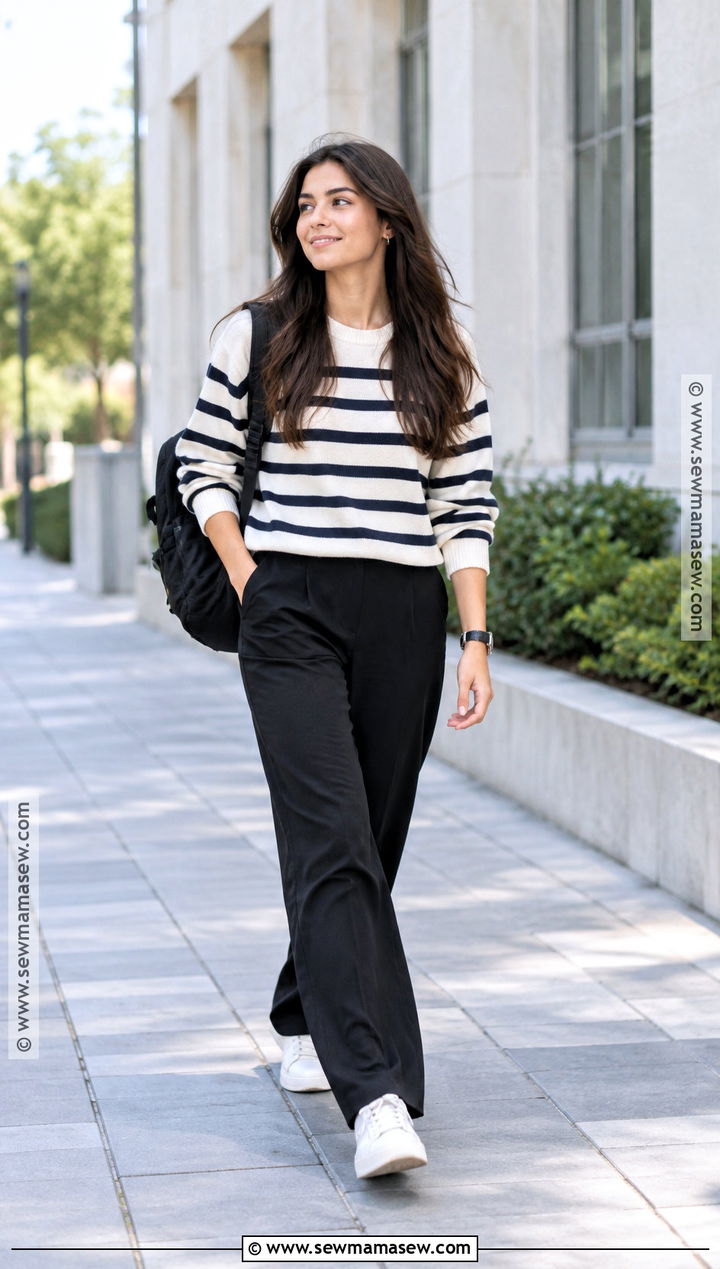 Striped Sweater and Black Pants School Outfit - 15 fall outfit inspo school ideas