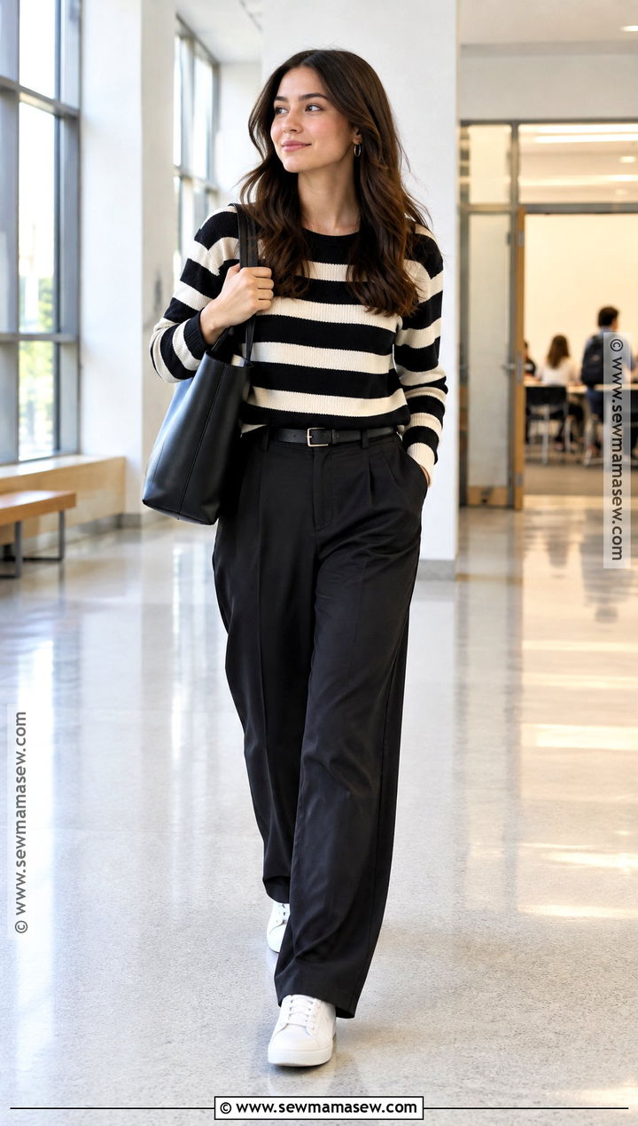 Striped Sweater and Black Trousers College Outfit - 15 cute fall outfits for college