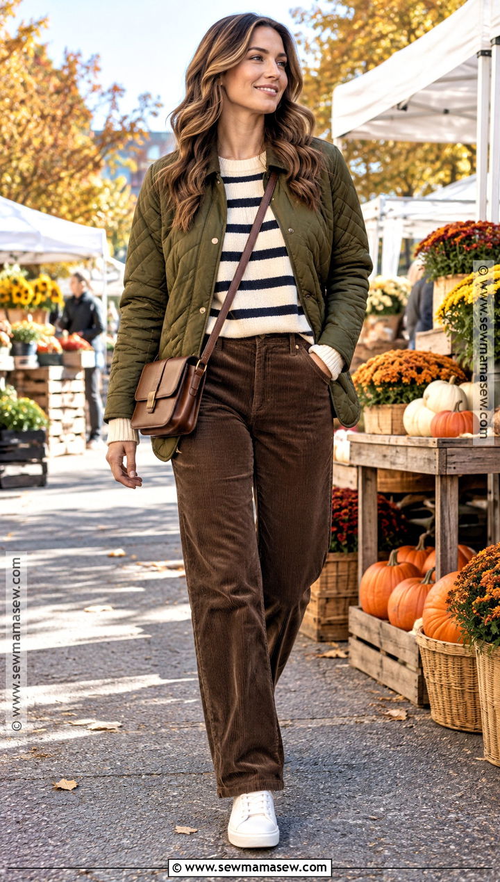 Striped Sweater and Corduroy Pants Fall Outfit - 15 fall weekend getaway outfits capsule wardrobe