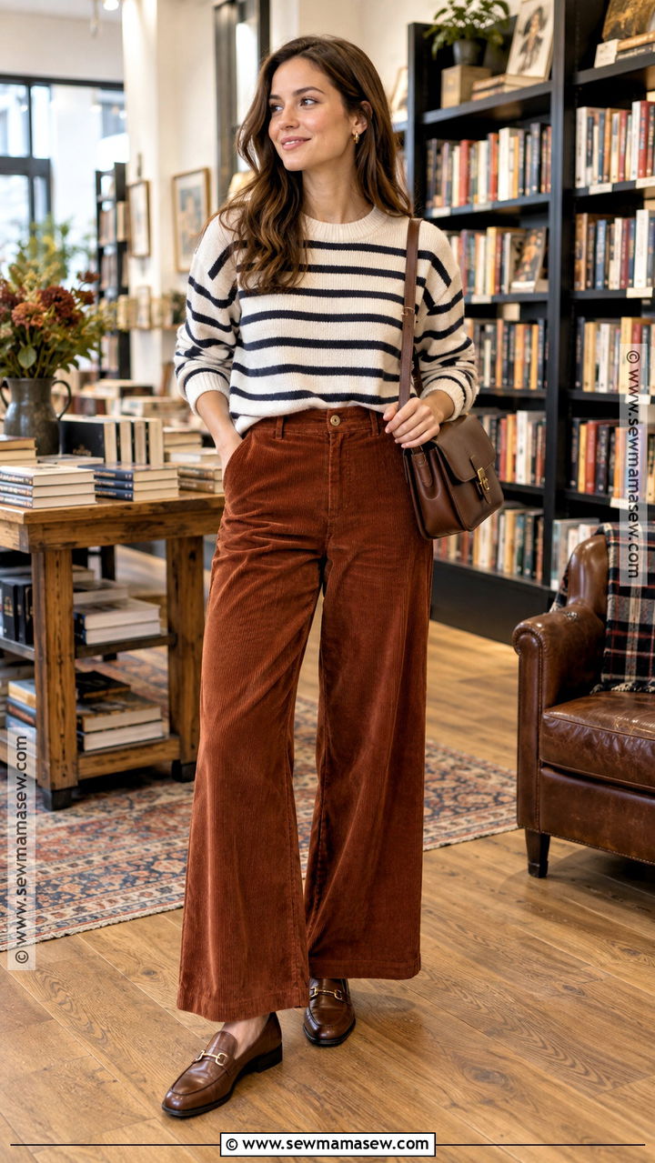 Striped Sweater and Corduroy Pants Fall Outfit - 20 Cozy Cute Fall Outfits
