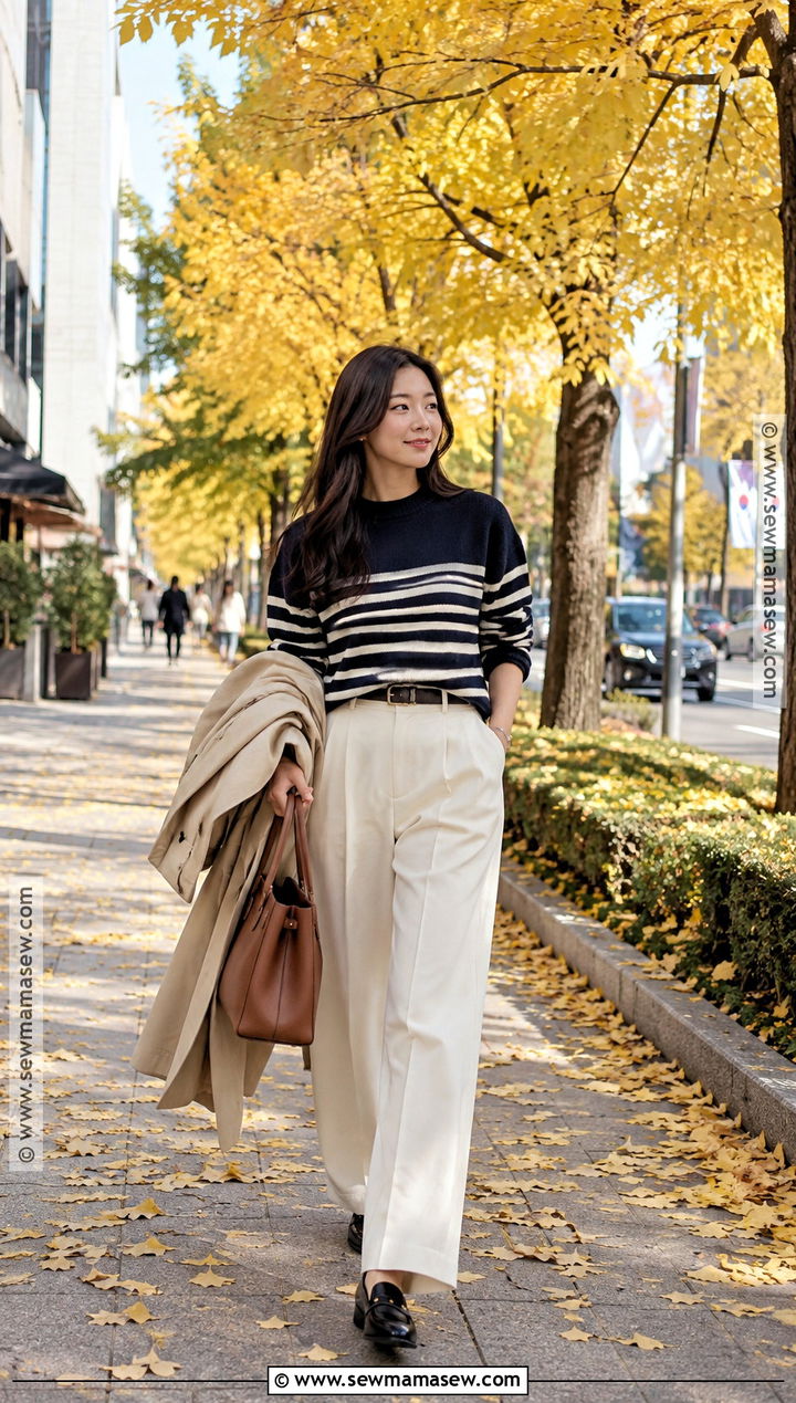 Striped Sweater and Cream Trousers Autumn Outfit - 20 autumn in korea outfit ideas