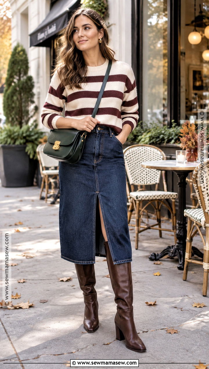 Striped Sweater and Denim Midi Skirt Fall Brunch Outfit - 20 Sunday Brunch Outfit Fall Ideas