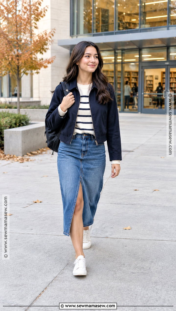 Striped Sweater and Denim Midi Skirt School Outfit - 25 autumn school outfits