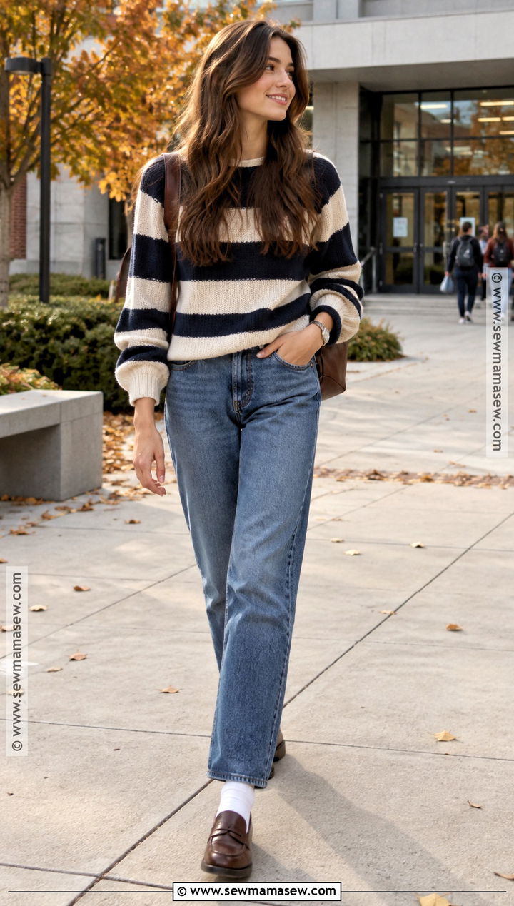 Striped Sweater and Straight Leg Jeans Fall School Outfit - 15 chill outfits for school fall