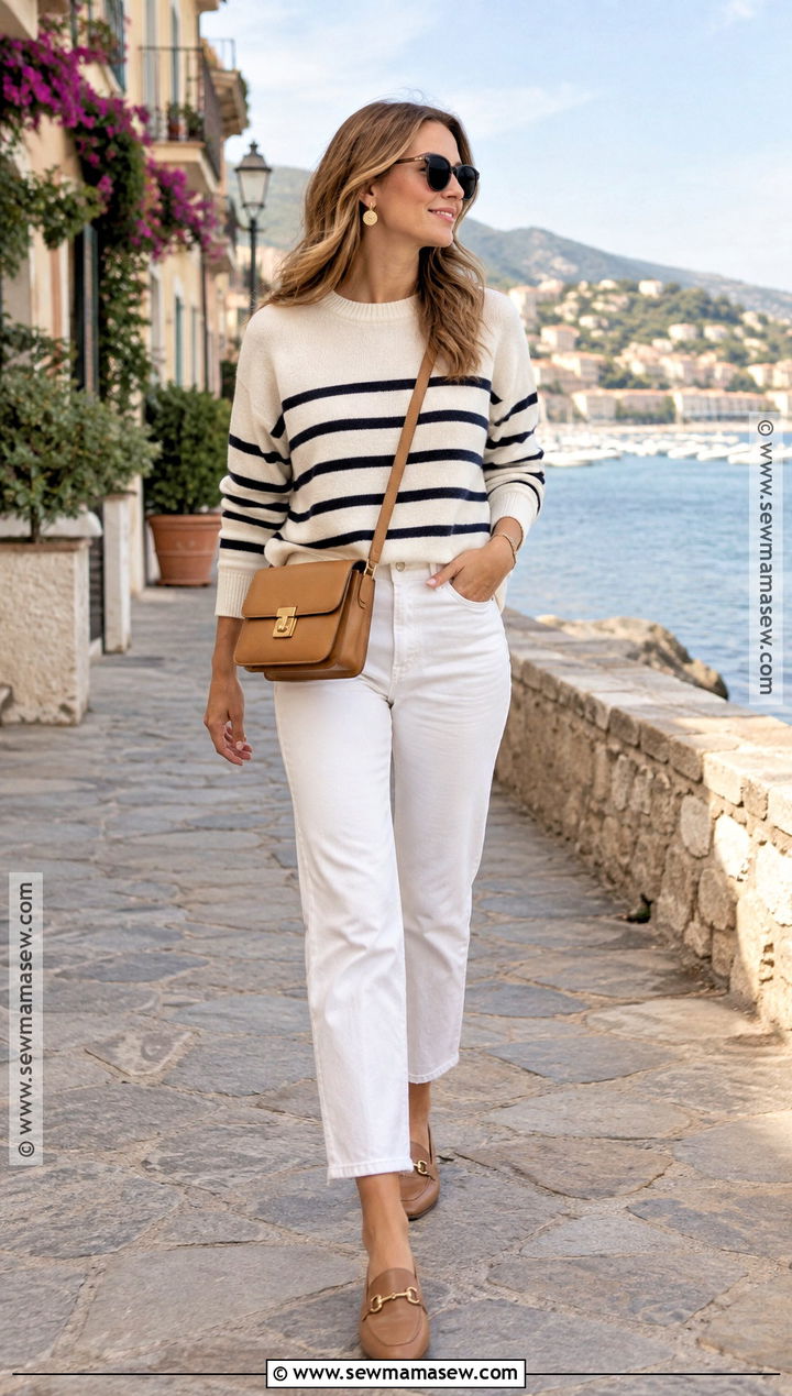 Striped Sweater and White Jeans Fall Outfit - 15 south of france fall outfits