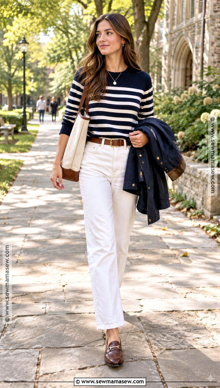 Striped Sweater and White Jeans Preppy Outfit - 15 preppy outfits back to school