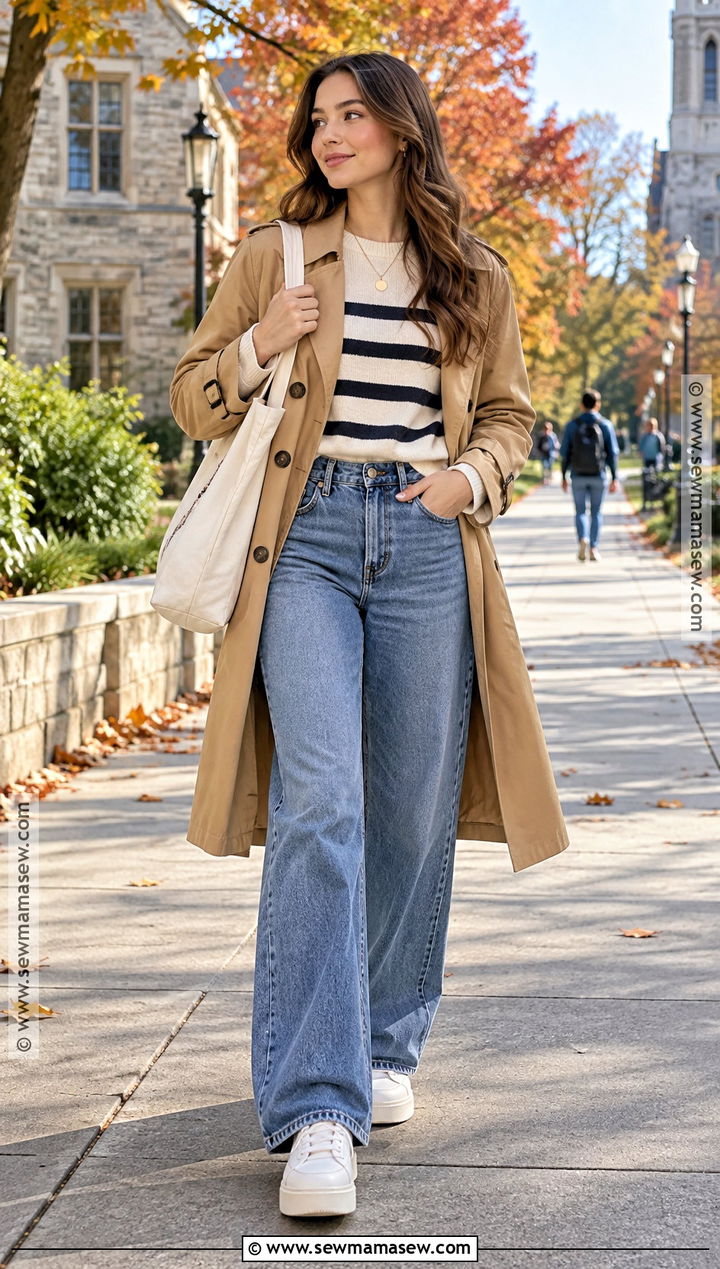 Striped Sweater and Wide Leg Jeans School Outfit - 20 Fall Inspo Outfits For School