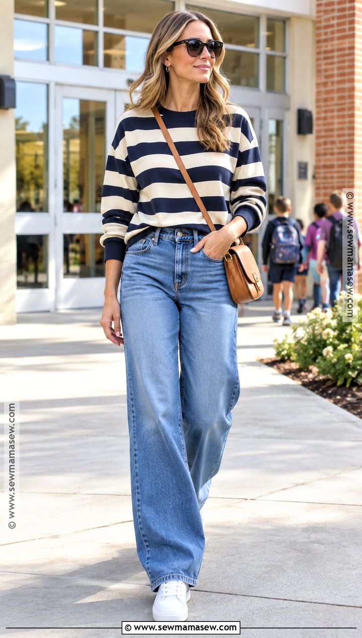 Striped Sweatshirt With Wide Leg Jeans And Sneakers - 15 mom back to school outfit ideas