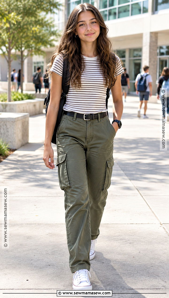 Striped T Shirt And Cargo Pants Back To School Outfit - 15 back to school outfits middle school 8th for girls