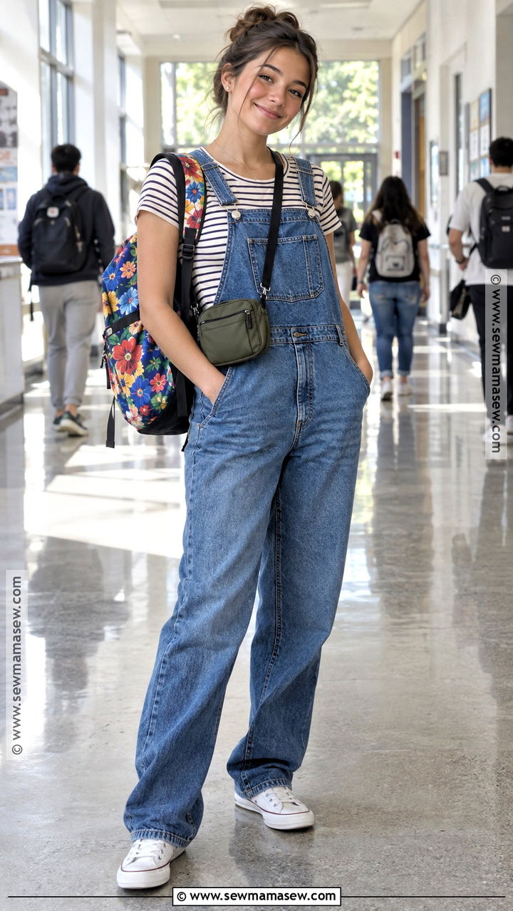 Striped T Shirt And Denim Overalls Outfit - 20 Back To School Clothes Ideas