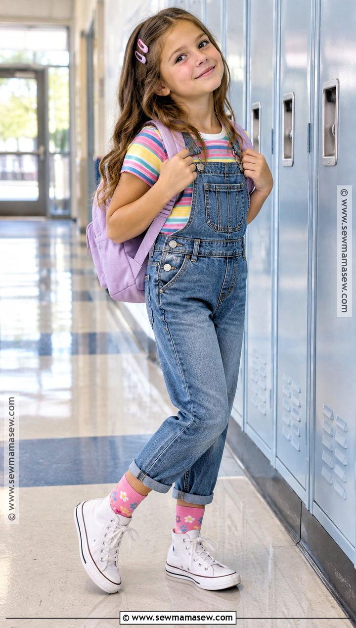 Striped T Shirt And Denim Overalls School Outfit - 15 girls back to school outfits for kids 2026