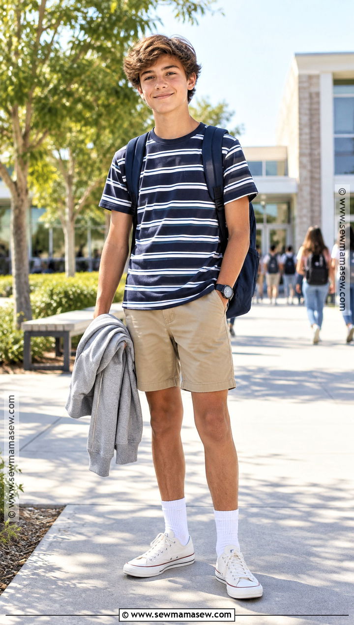 Striped T Shirt And Khaki Shorts Outfit - 15 back to school outfits middle school for boys