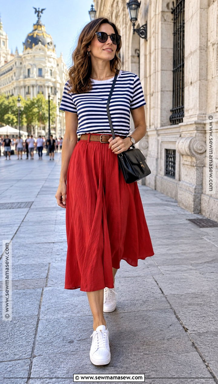 Striped T Shirt And Midi Skirt Outfit - 15 spain outfit ideas september