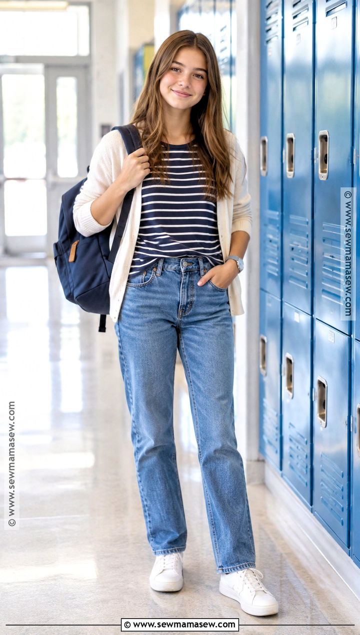 Striped T Shirt And Straight Leg Jeans Middle School Outfit - 15 back to school middle school outfits