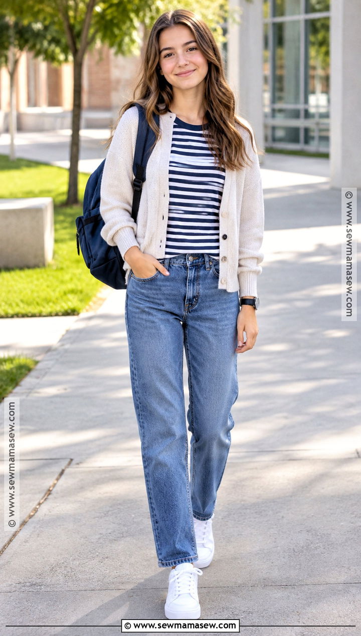 Striped T Shirt And Straight Leg Jeans School Outfit - 15 grade 8 back to school outfits