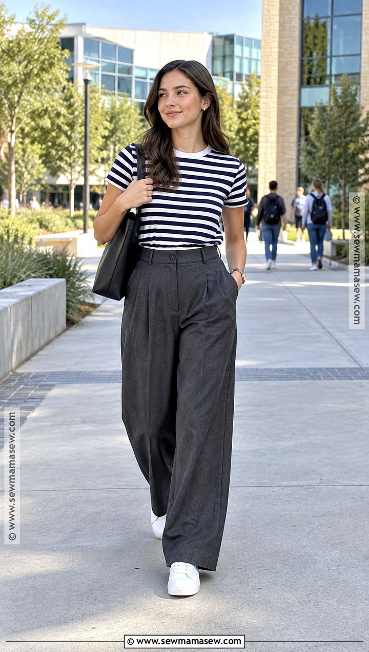 Striped T Shirt And Wide Leg Trousers Back To School Outfit - 20 back to school outfits simple