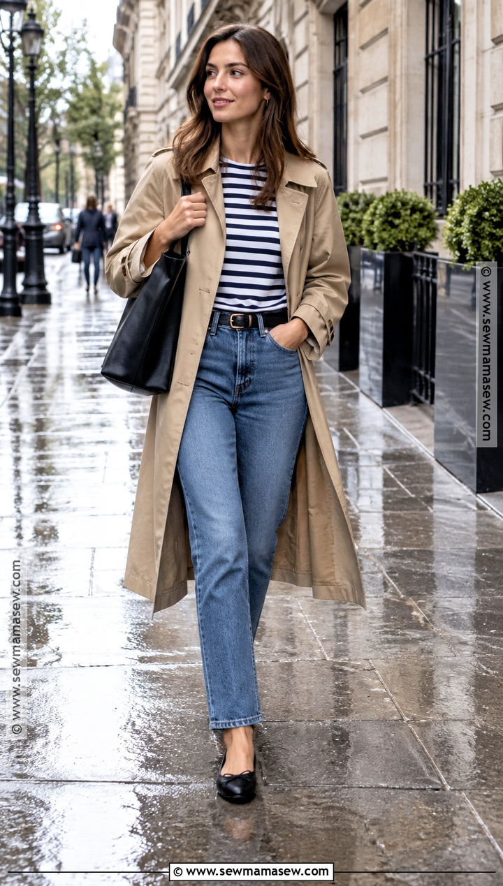 Striped T Shirt Trench Coat And Jeans Outfit - 20 transitional summer to fall outfits