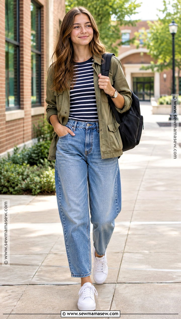 Striped Tee And Barrel Jeans Back To School Outfit - 15 1St Day Back To School Outfits