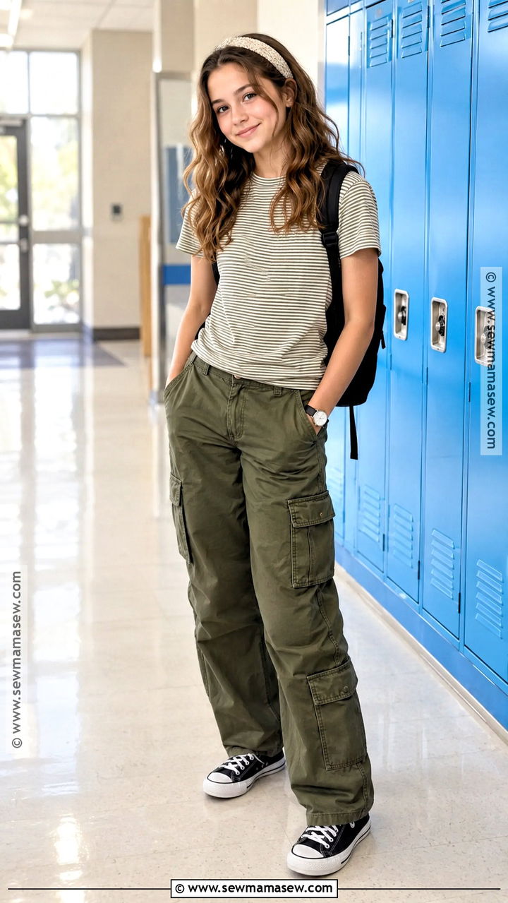 Striped Tee And Cargo Pants For 7th Grade - 20 Cute Back To School Outfits 7Th Grade