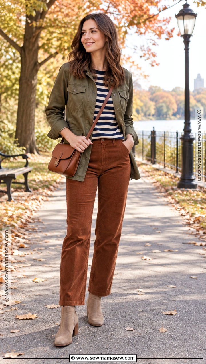 Striped Tee Utility Jacket Corduroy Pants Fall Outfit - 20 Layered Looks For Fall Outfit Ideas