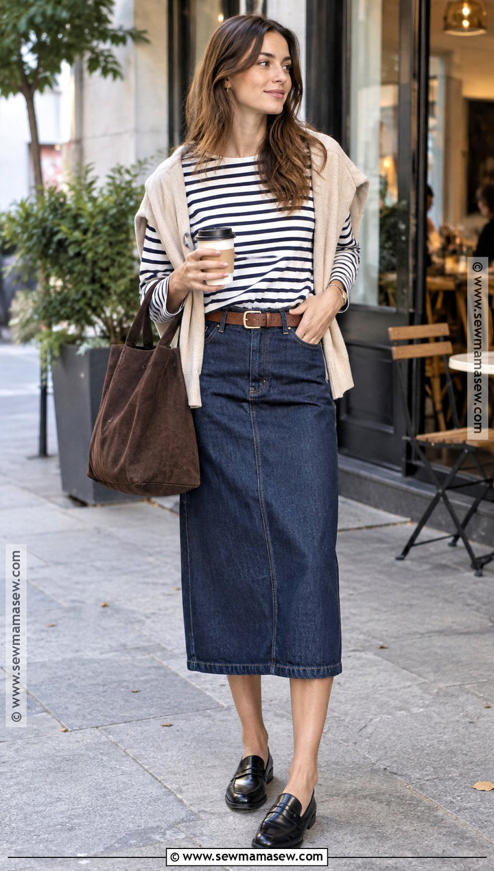Striped Tee With Denim Midi Skirt - 15 autumn striped clothing ideas