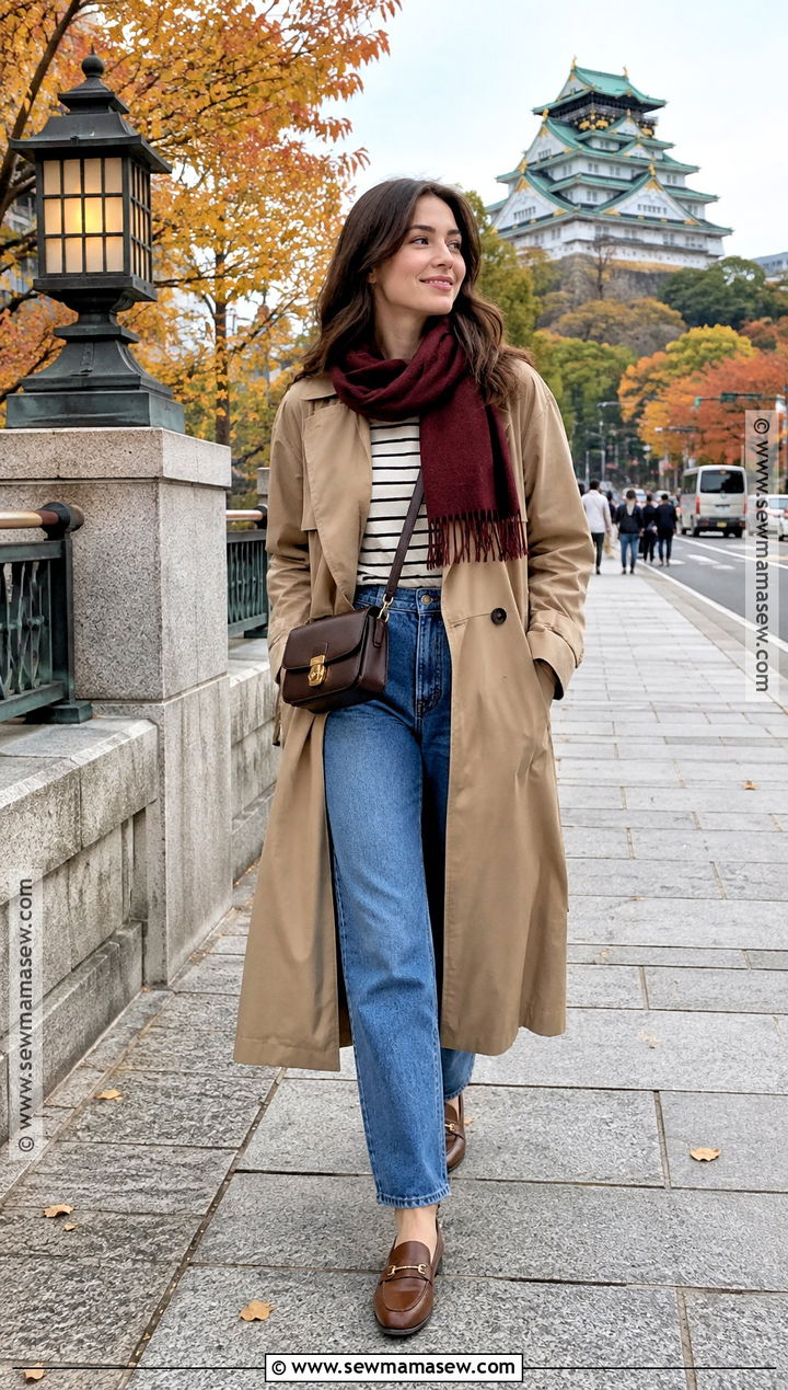 Striped Top Trench Coat And Jeans Japan Autumn Outfit - 20 japan travel outfit autumn ideas