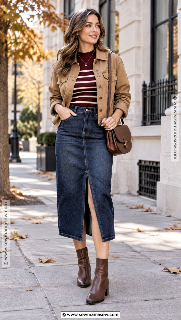 Striped Top With Denim Midi Skirt And Ankle Boots - 15 autumn striped outfit ideas