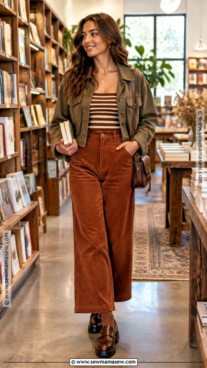 Striped Tube Top With Corduroy Pants And Loafers - 20 Tube Top Fall Outfit Ideas