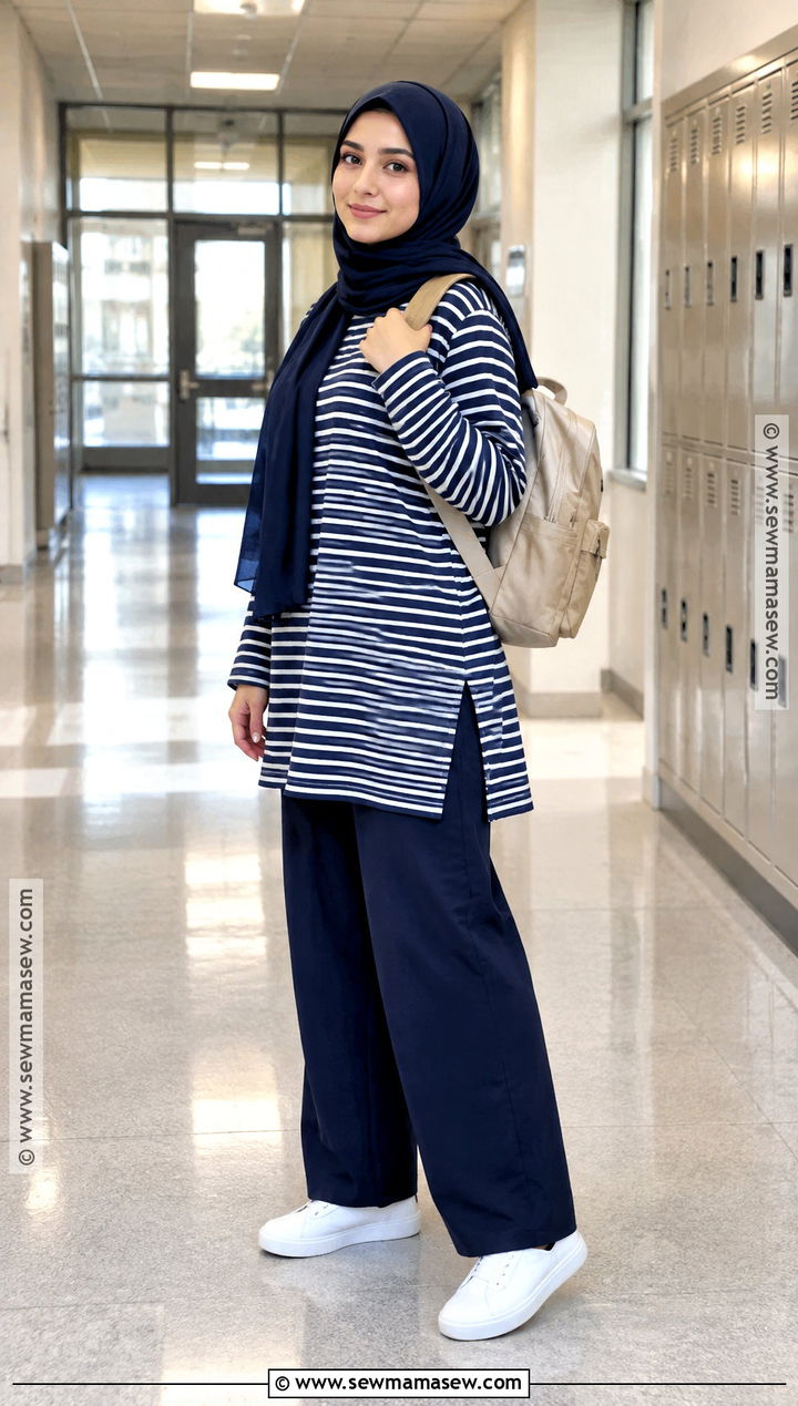 Striped Tunic Hijab Outfit With Straight Leg Pants - 20 back to school hijab outfits