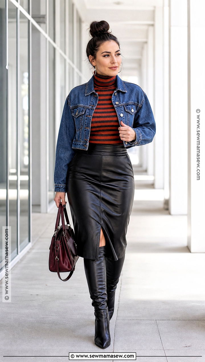 Striped Turtleneck And Faux Leather Skirt Outfit - 30 Spooky Season Outfits