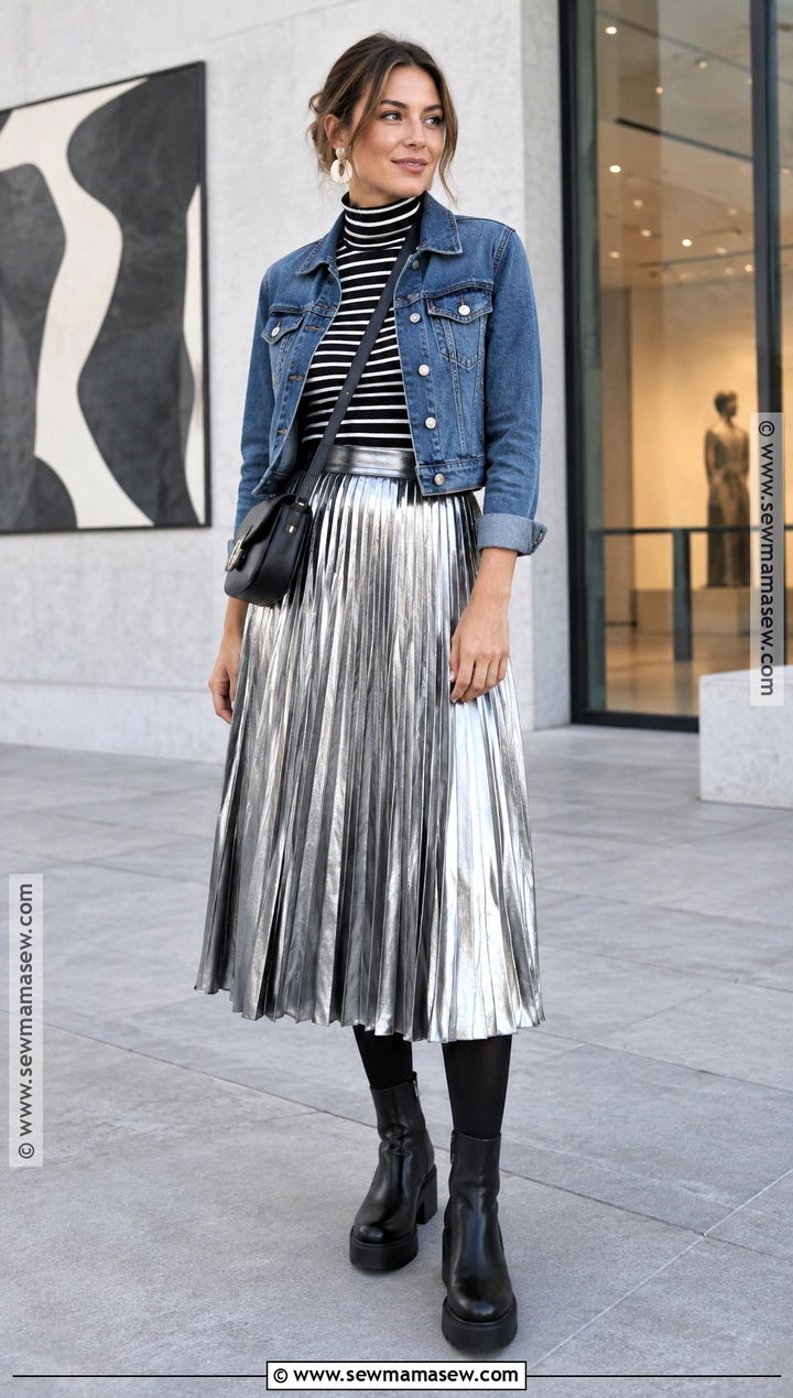 Striped Turtleneck And Metallic Skirt Outfit - 25 funky fall fashion ideas