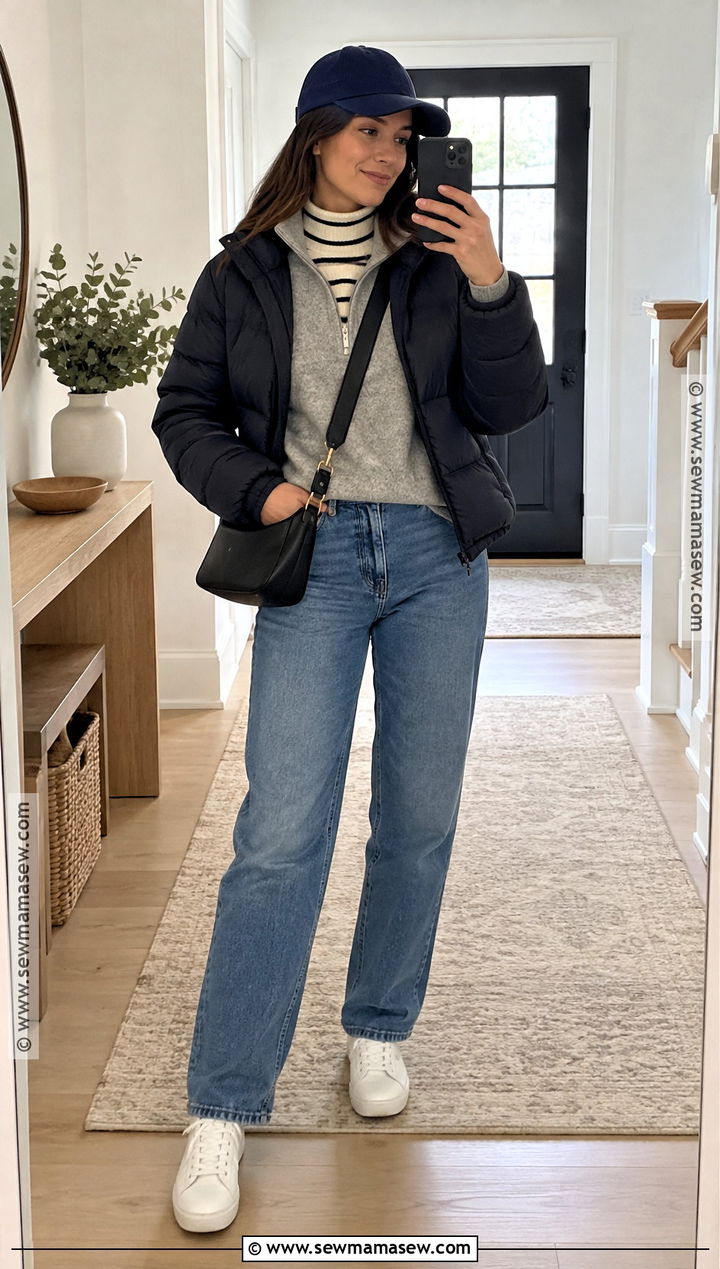 Striped Turtleneck And Quarter Zip Sweater Stack With Jeans - 15 fall winter sweater stack ideas