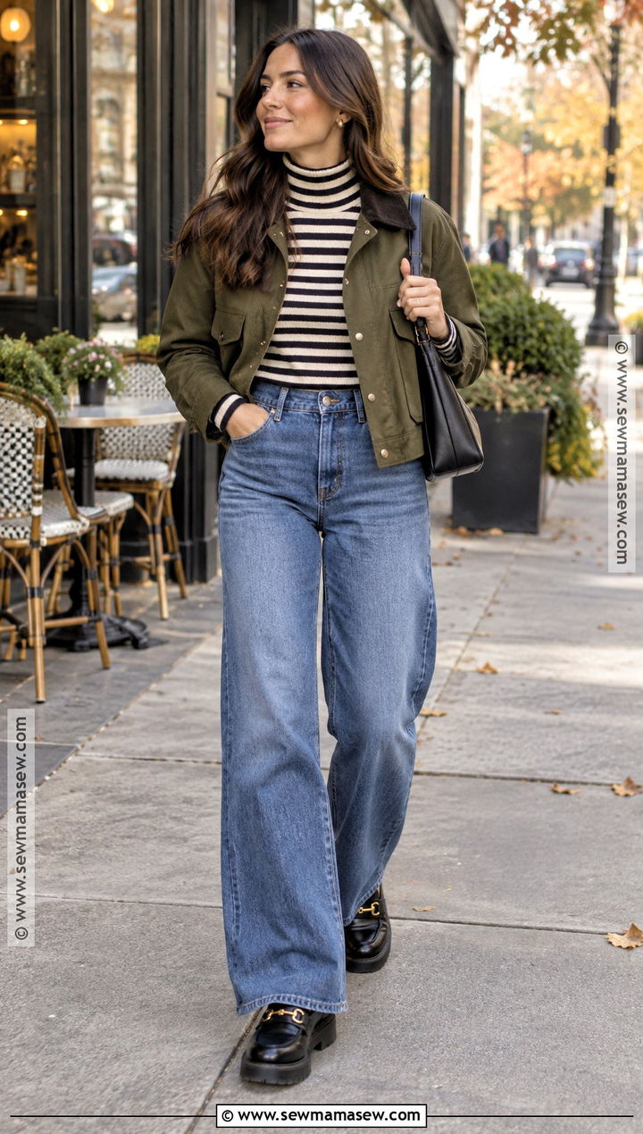 Striped Turtleneck With Wide Leg Jeans - 20 fall turtleneck outfit ideas