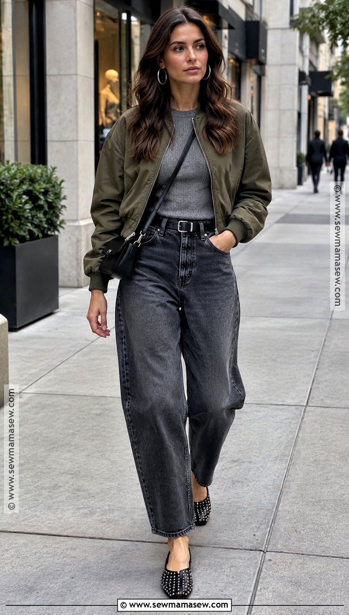 Studded Flats With Barrel Jeans And Bomber Jacket - 20 fall flats outfit ideas