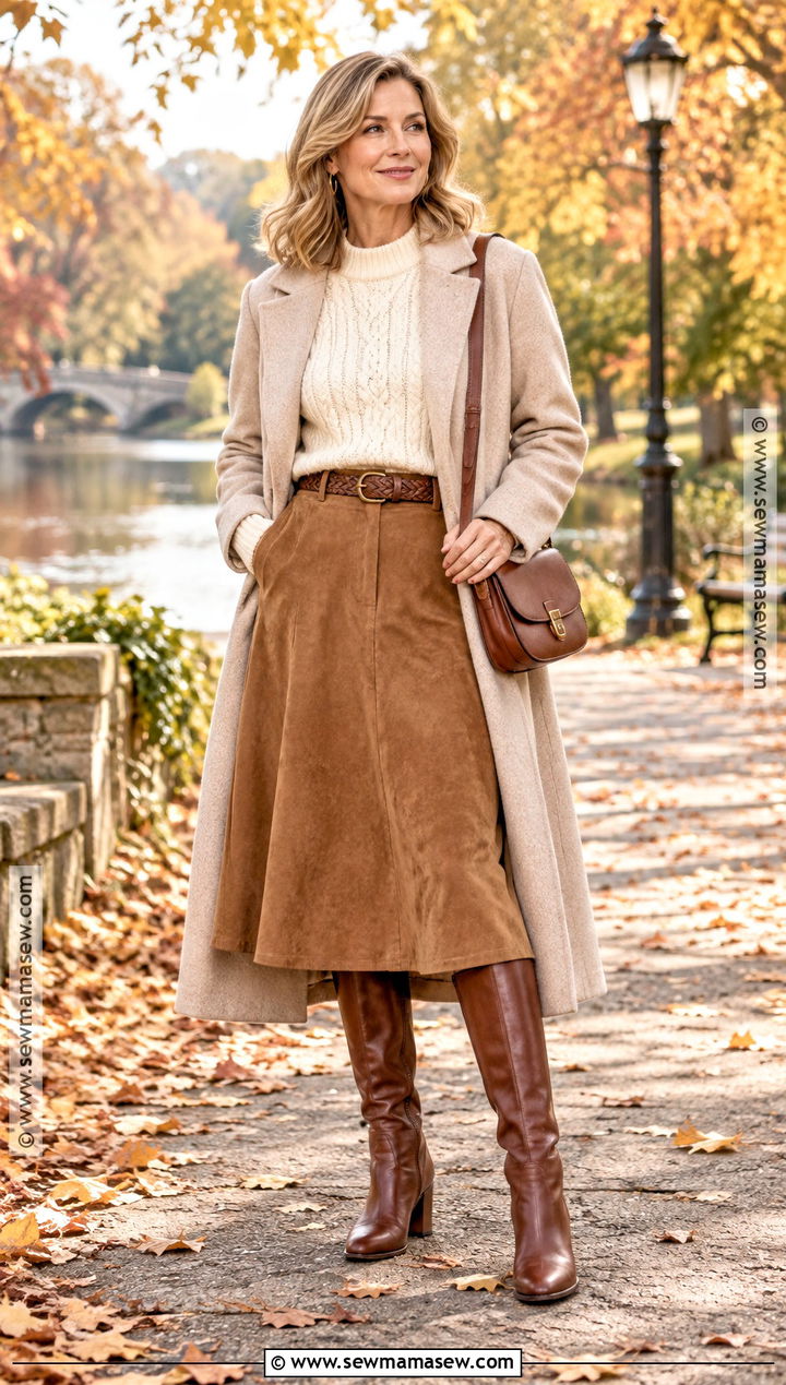 Suede A Line Skirt Outfit for Autumn - 15 autumn skirt outfit ideas