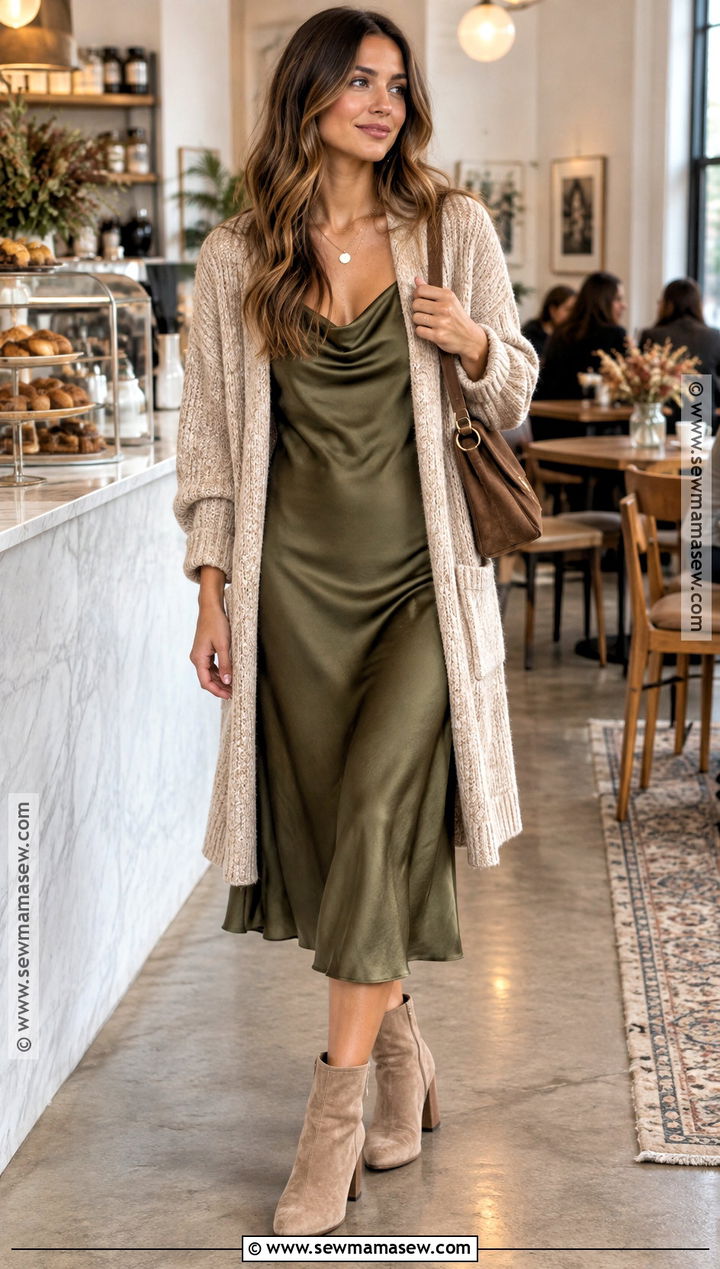 Suede Ankle Boots With Slip Dress And Cardigan - 25 fall boots outfit