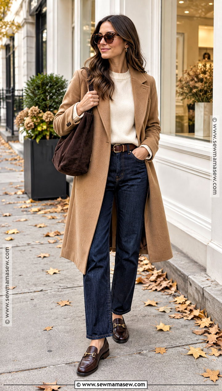 Suede Bag With Wool Coat and Denim - 15 Fall Fashion Ideas With Suede